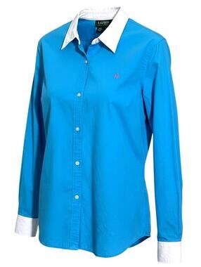 LAUREN Ralph Lauren Womens 8 Turquoise/White Logo Cotton Shirt w/ Contrast Cuffs